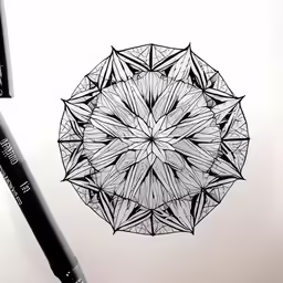 a pen is laying next to a drawing of a circular object