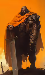 a large horned man standing with a sword in the air