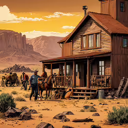 a drawing of a town with mountains in the background,two cowboys stand in the desert with horses