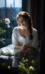 a woman in white shirt sitting on bed next to flower arrangement