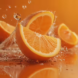 fresh oranges in action being splashed with water