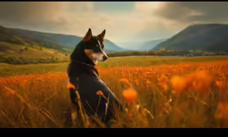 a dog sitting in a field with mountains in the background