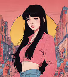 a girl is standing in front of a pink sky and yellow sun,a young girl wearing a pink shirt standing on the sidewalk