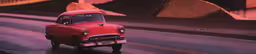 a classic car riding down the street with an orange sky