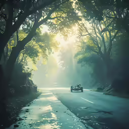 a car driving down the road near trees on a foggy day