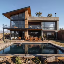 a large modern house with a pool and a stone patio
