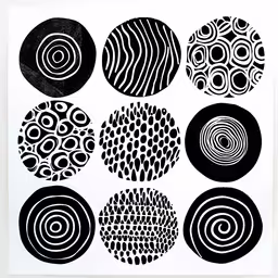 an image of different patterns that are in black and white,nine circles in different sizes and shapes