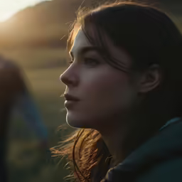 a woman stares toward the camera during a sunset