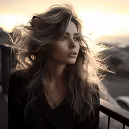 a woman with long hair and piercings,a woman is looking out over a bridge