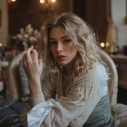 the young woman sits with a cigarette in her hand