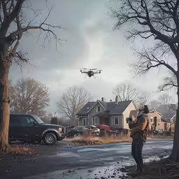 a person is standing in the street next to a tree and house