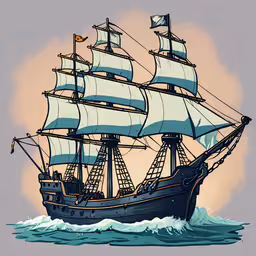 an animated ship sails across the blue water,a ship with a sky in the background