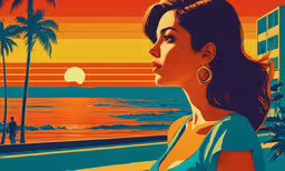 an image of a woman looking out over the ocean,a woman standing next to an ocean with palm trees