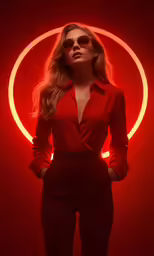 woman wearing sunglasses with red background