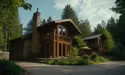 the front of a rustic cabin style house surrounded by wooded trees