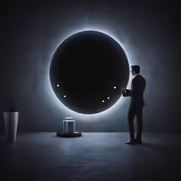 a man looking at something that appears to be light up