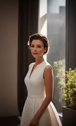 a woman standing near a window in white dress