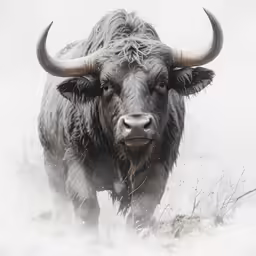 a black bull standing in the snow with very long horns