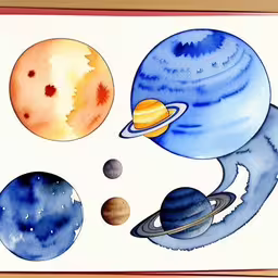 watercolor on paper depicting the planets and the sun,painting of planets, including a blue planet and two orange ones