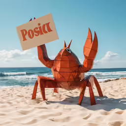 a crab is holding a sign for the camera