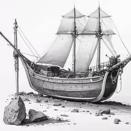 an old boat with sails and ropes on the beach