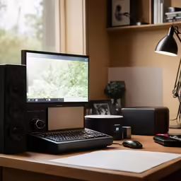 a table with a computer monitor, keyboard, and speakers