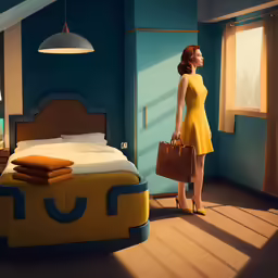 a woman in a yellow dress is looking out the window