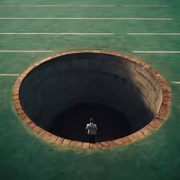 a man standing in a brick tunnel that is in the middle of the field