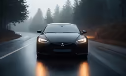 a black car driving down the road in a foggy day