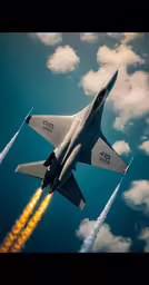 a fighter jet flying through a blue cloudy sky