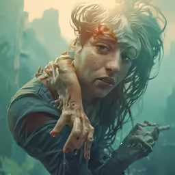 a woman with hair flying from her hands
