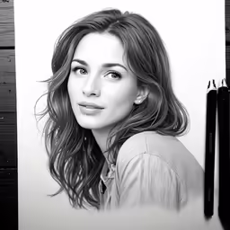 black and white photo of a woman, two pen tips next to it