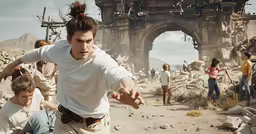 a man is running in the desert with lots of people
