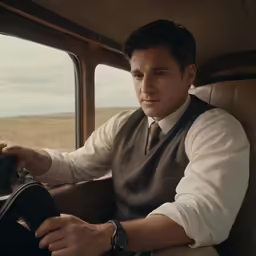 a man in a business shirt sits in a vehicle looking out a window