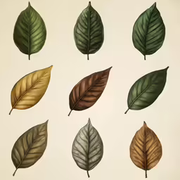 a set of nine leaves on a white background