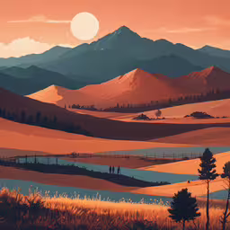the landscape depicts mountains and water as a sunset,a painting of a mountain with a few people on it