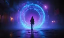 a person standing in front of a large purple circle