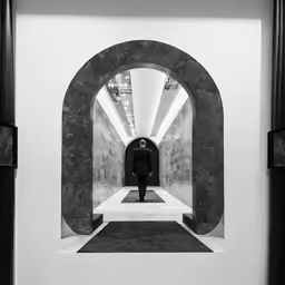 a man in black stands in an empty tunnel