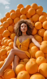 a woman with red hair wearing a yellow swimsuit sits on top of a bunch of oranges