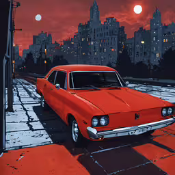an orange car is on a red sidewalk near tall buildings,an old muscle car on the street with the city in background