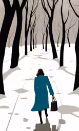 a woman walking in the snow with a bag