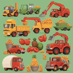 an orange truck parked next to a big load of other cars and trucks