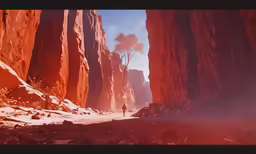 a man is walking through a narrow desert landscape