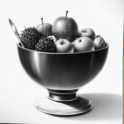 a black and white drawing of apples in a bowl