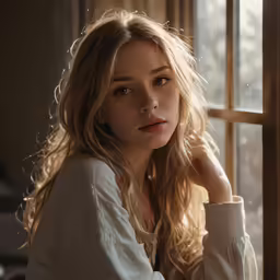 a woman with long hair leaning up against a window