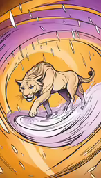 a lion on a surfboard with an orange background
