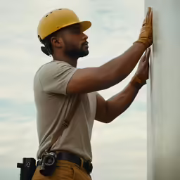 the worker is taking measurements with his tool