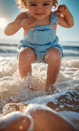 a baby is sitting on the beach by himself