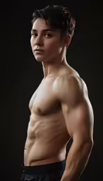 a shirtless young man with his hands in his pockets