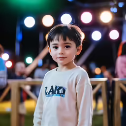 a little boy standing in front of an outdoor concert